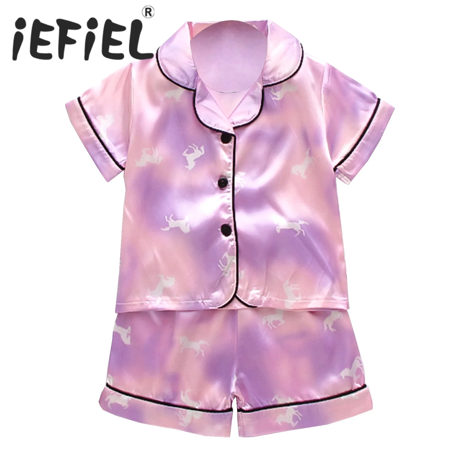 Unisex Baby Girls Boys Satin Pajamas Sets Short Sleeve Button Down Lapel Tops Elastic Waistband Shorts Infant Sleepwear Outfits
