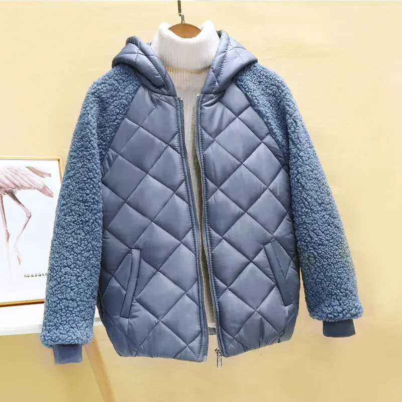 2022 Women Thin Down Jacket Short Coat Autumn Winter Female Hooded Loose Imitation lamb Wool Cotton Jacket Solid Zipper Outwear