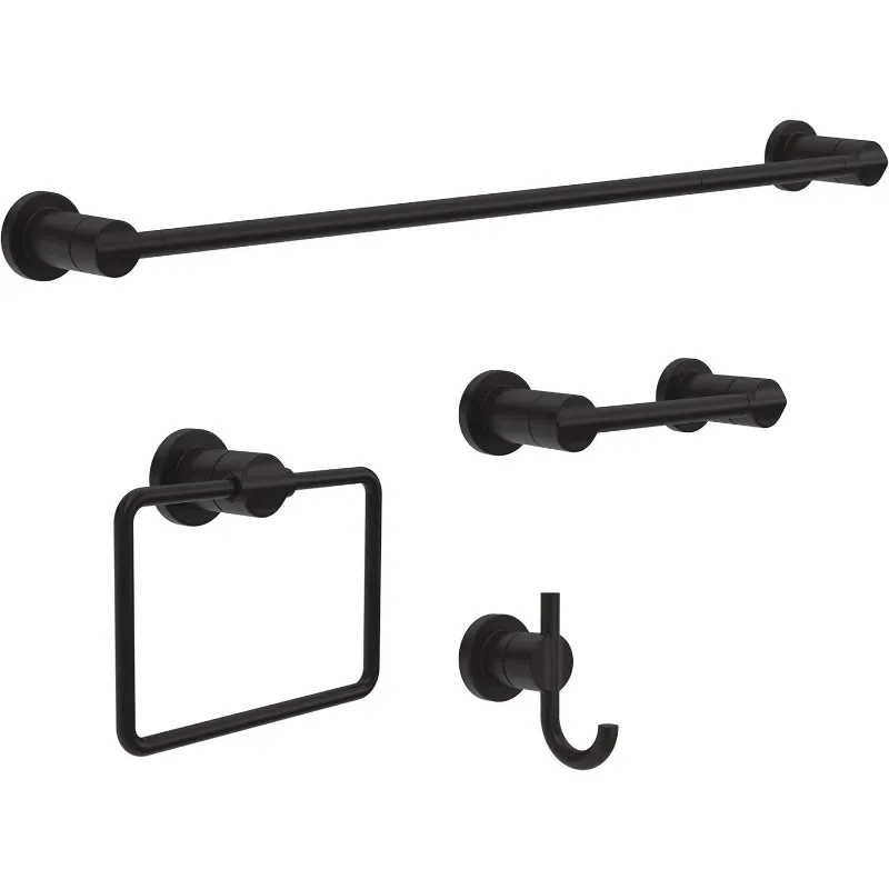 4-Piece Bath Hardware Set with 24-in Towel Bar, Toilet Paper Holder, Towel Ring, Hook in Matte Black