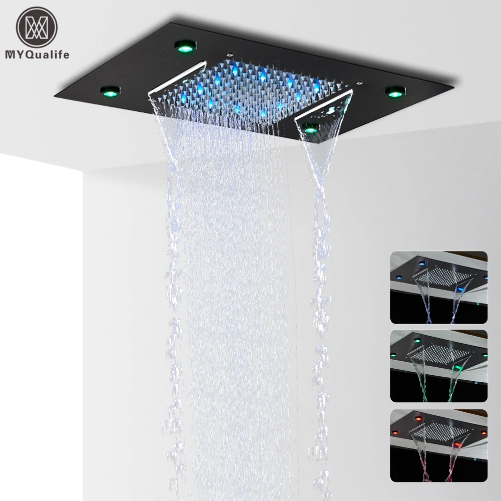 Black LED Rain Waterfall Shower Head Remote Control LED Colors Ceiling ...