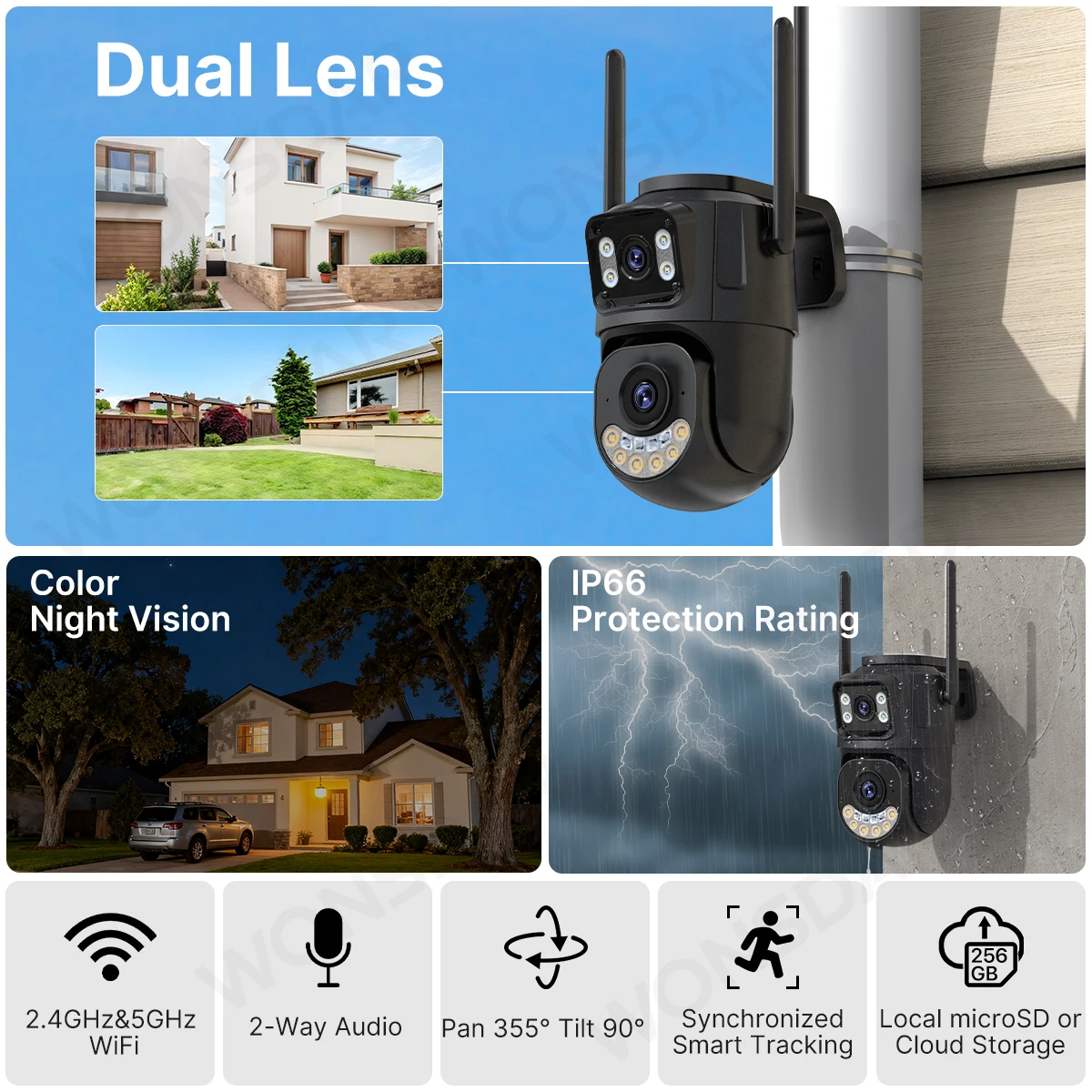 WONSDAR 2.4GHz&5GHz WiFi IP Camera Outdoor Security Protection PTZ Camera Auto Tracking Night Vision CCTV Surveillance iCsee 2