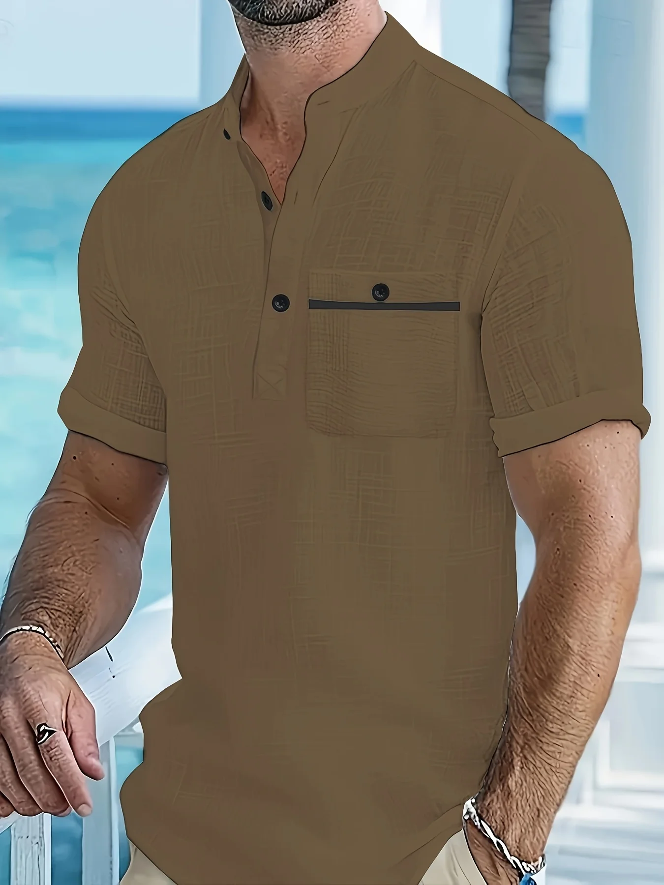 Mens Cotton Solid Color Shirt Stand Collar Casual Business Summer Beach Fun Gift