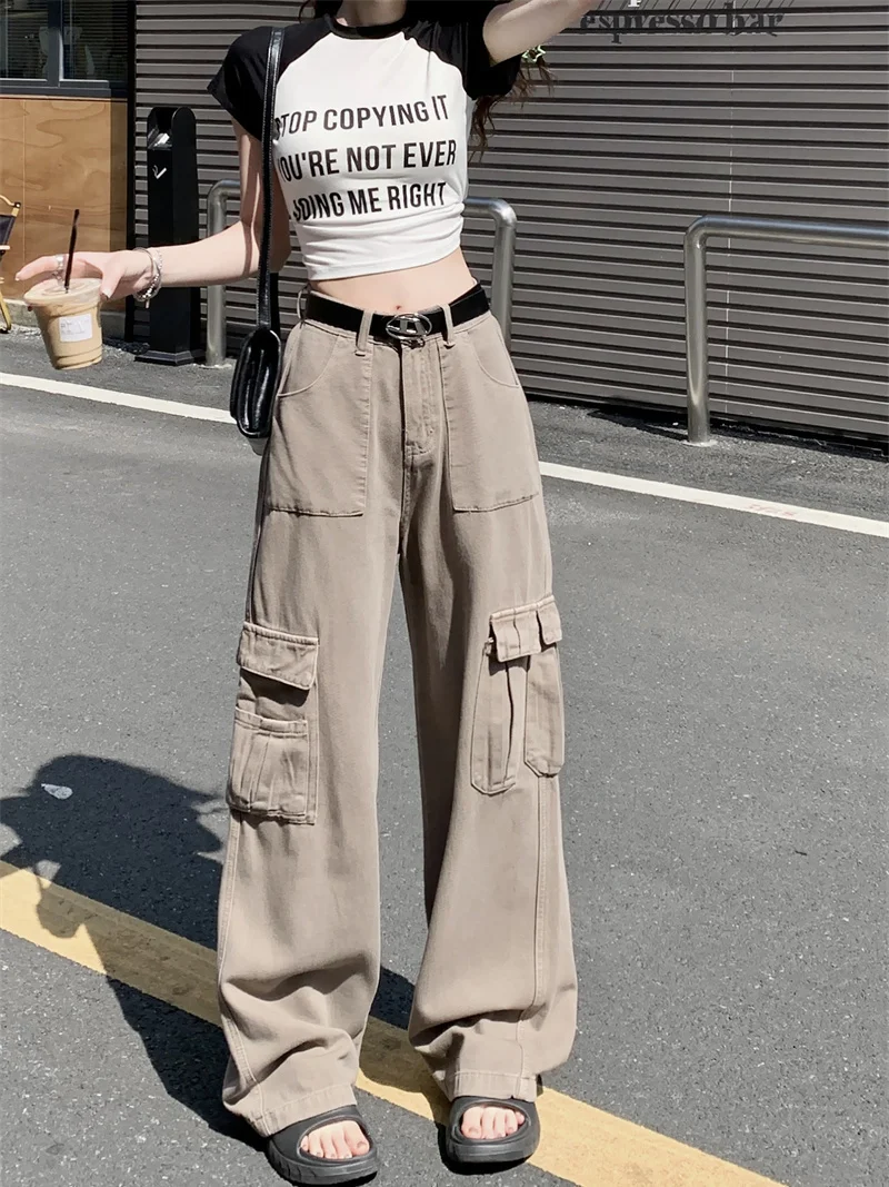 

Vintage High-Waist Washed Cargo Pants Denim Jeans Women's Y2K Clothes Summer Baggy Wide-Leg Straight Cotton Trousers S-4XL