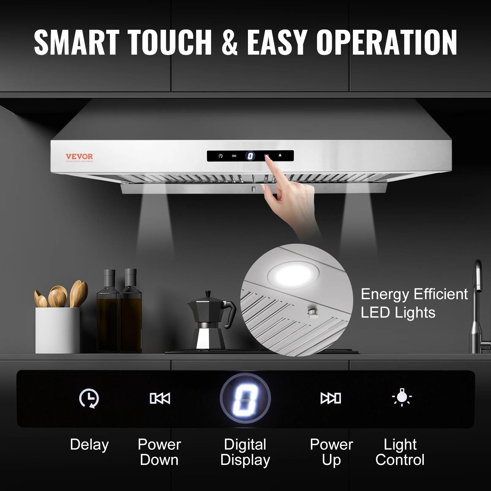 VEVOR Under Cabinet Range Hood Dual Motors Ductless Kitchen Stove Vent Permanent Filter Touch Control Panel Silver (30 inch) 5