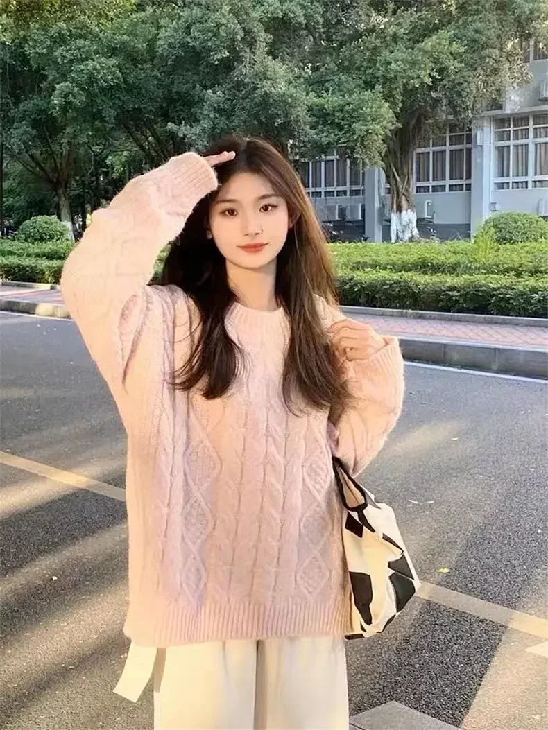 FA660 2024 Winter New Women's Thickened Pullover Sweater Loose Twist Top Sweet Lazy Knitted Sweater 3