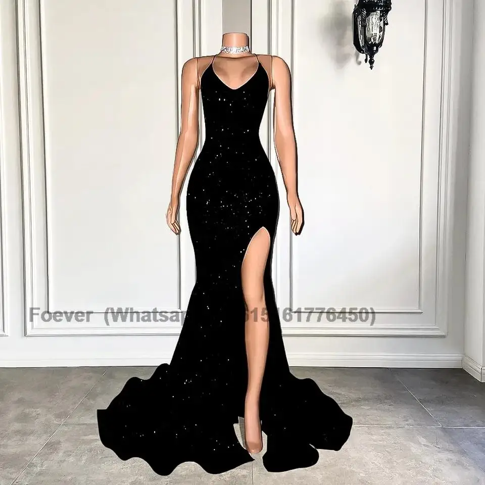 

Женское вечернее платье-русалка, Черное длинное платье с лямкой на шее и высоким разрезом, для выпускного вечера, 2023