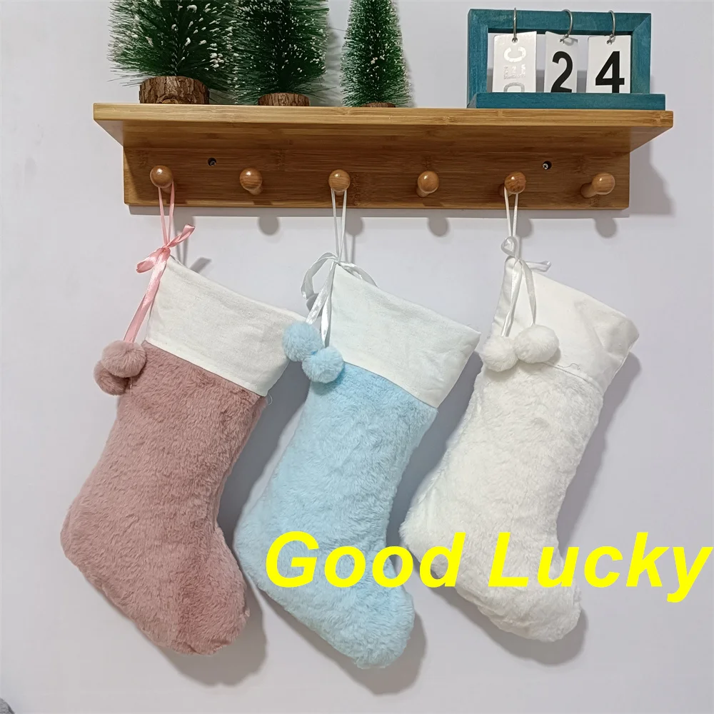 Wholesale Christmas Stocking with Canvas Cuff Sublimation Soft Touch Velvet Stocking with Pom Pom