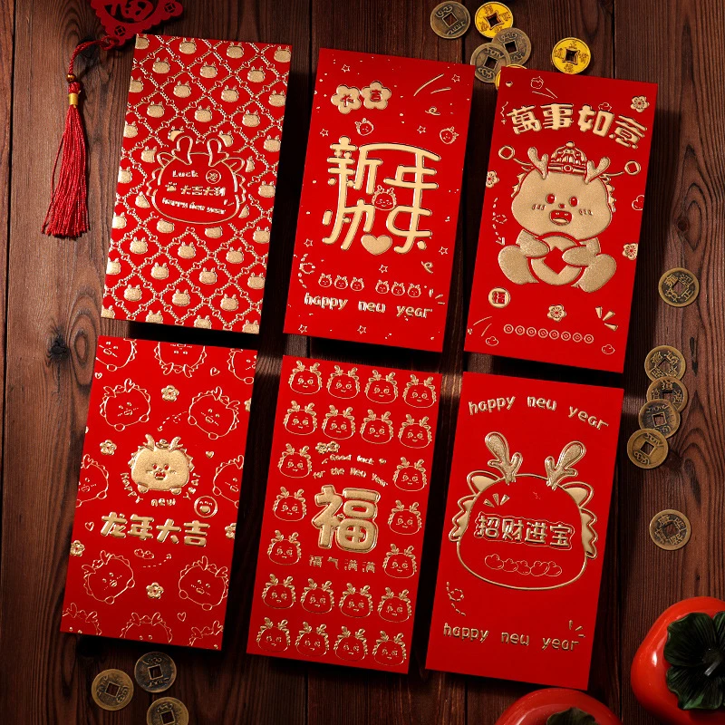 

6 шт., красный пакет в китайском стиле с изображением дракона 2024 года