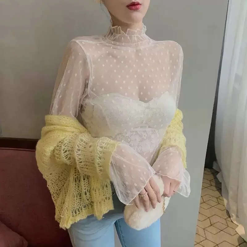 ตัวเลือกสินค้า เสื้อเซ็กซี่คอสูงตาข่าย แขนยาว เนื้อผ้าลื่นสีดำ ขาว น้ำตาล