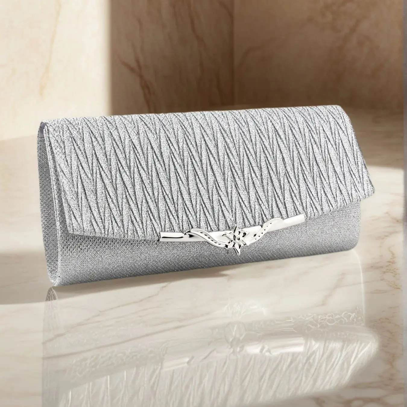 Golden Metal Women Evening Clutch Handbags Ruched Fashion Glitter