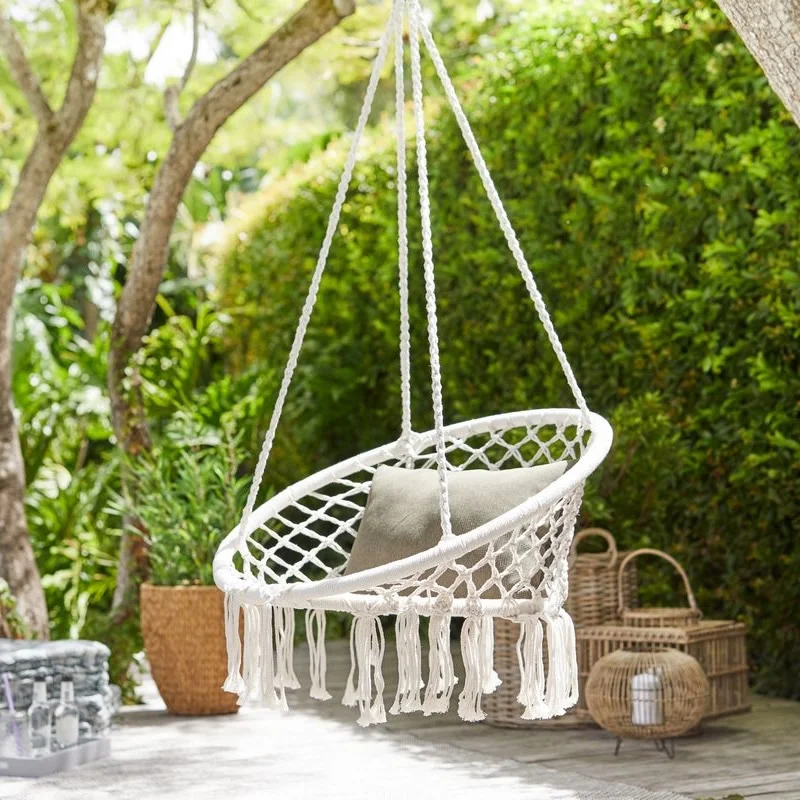 

Feistel Garden Hanging Chair White Hammock Round Chair With Cotton Tassel Style For Balcony And Yard Black And White