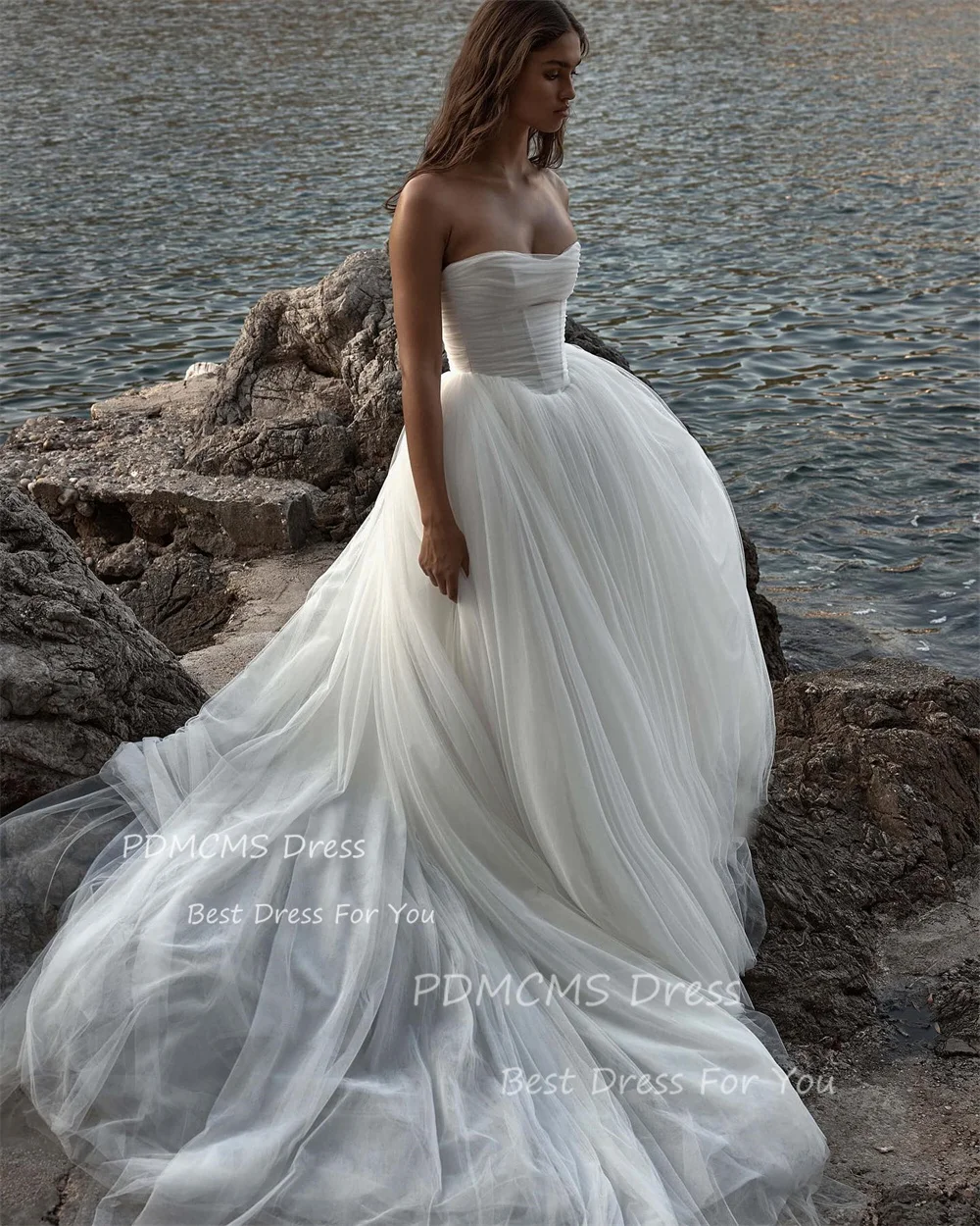 

Sexy Strapless A Line Beach Wedding Dresses Vestido de noiva Sweep Train Bridal Gowns Soft Tulle Bride Robe de mariage 2024