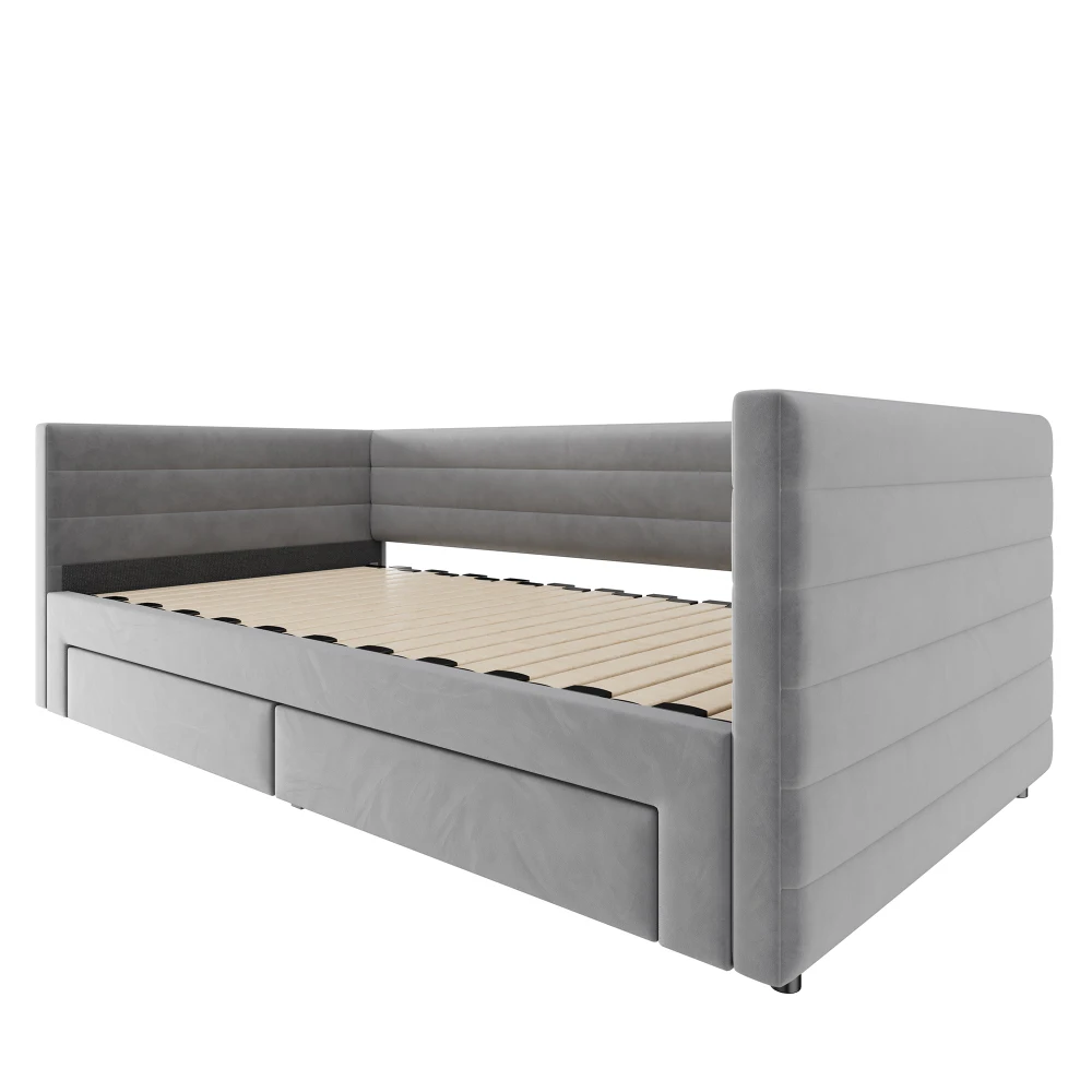 90x190cm Polsterbett, 3-in-1 Ausziehbares Schlafsofa, Multifunktionsbett, mit Schubladen und Gitter, Baumwolle und Leinen, ohne Matratze – Detail 22