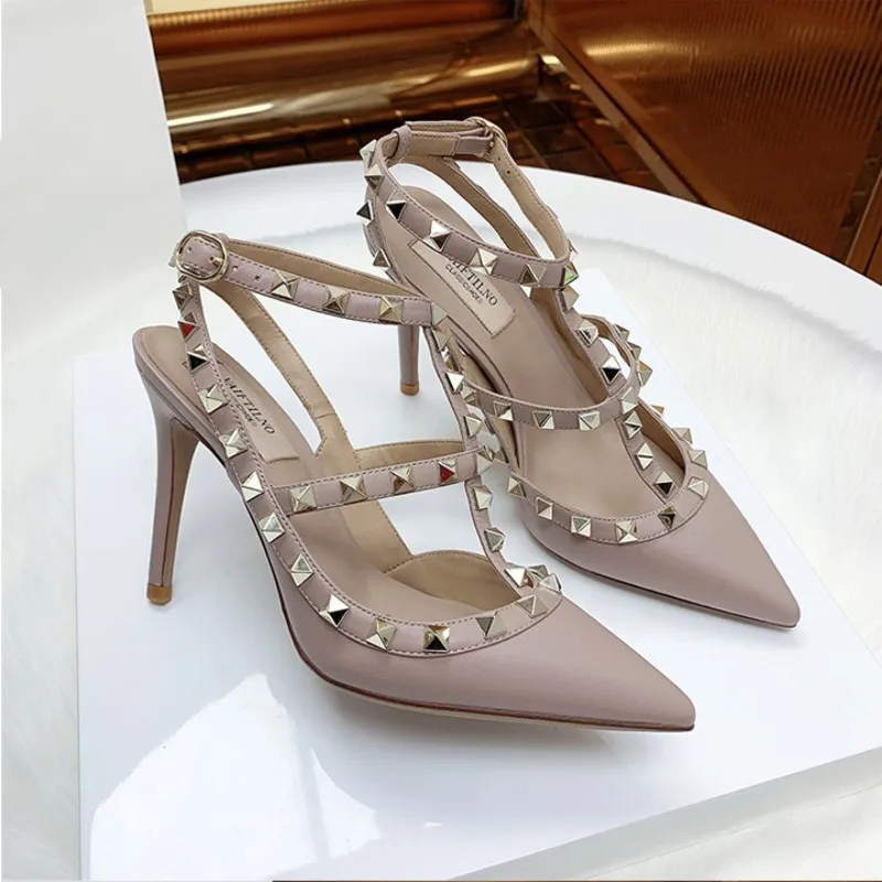 Summer Women's High Heel Sandals Lacquer Leather Rivet Fashion Pointed High Heel Shoes Black Gold Girls' Sandals women sandals women high heels