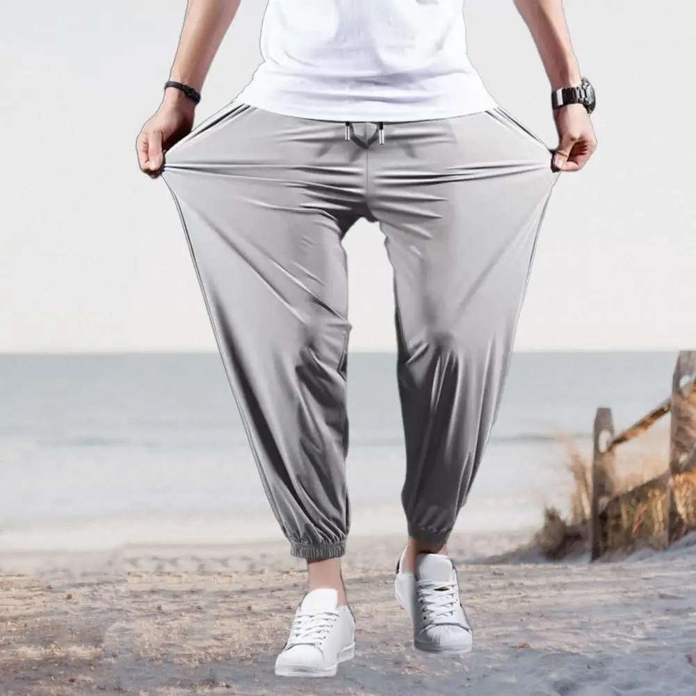 

Men Ice Silk Pants Breathable Men's Sport Pants With Ankle-banded Pockets Drawstring Elastic Waist For Gym Training Jogging Soft
