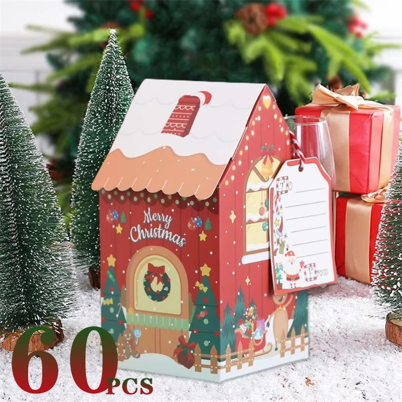 1-60PCS Weihnachten Schneemann Lebkuchen Haus Kleines Haus Süßigkeiten Keks Boxen Bogen Boxen Geschenk Farbe Boxen Weihnachten Dekorationen