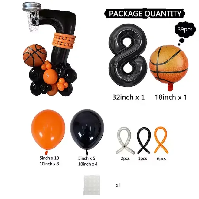 Basketball Birthday Party Balloons Set - 39pcs Sports Themed Decor with Large Foil Numbers