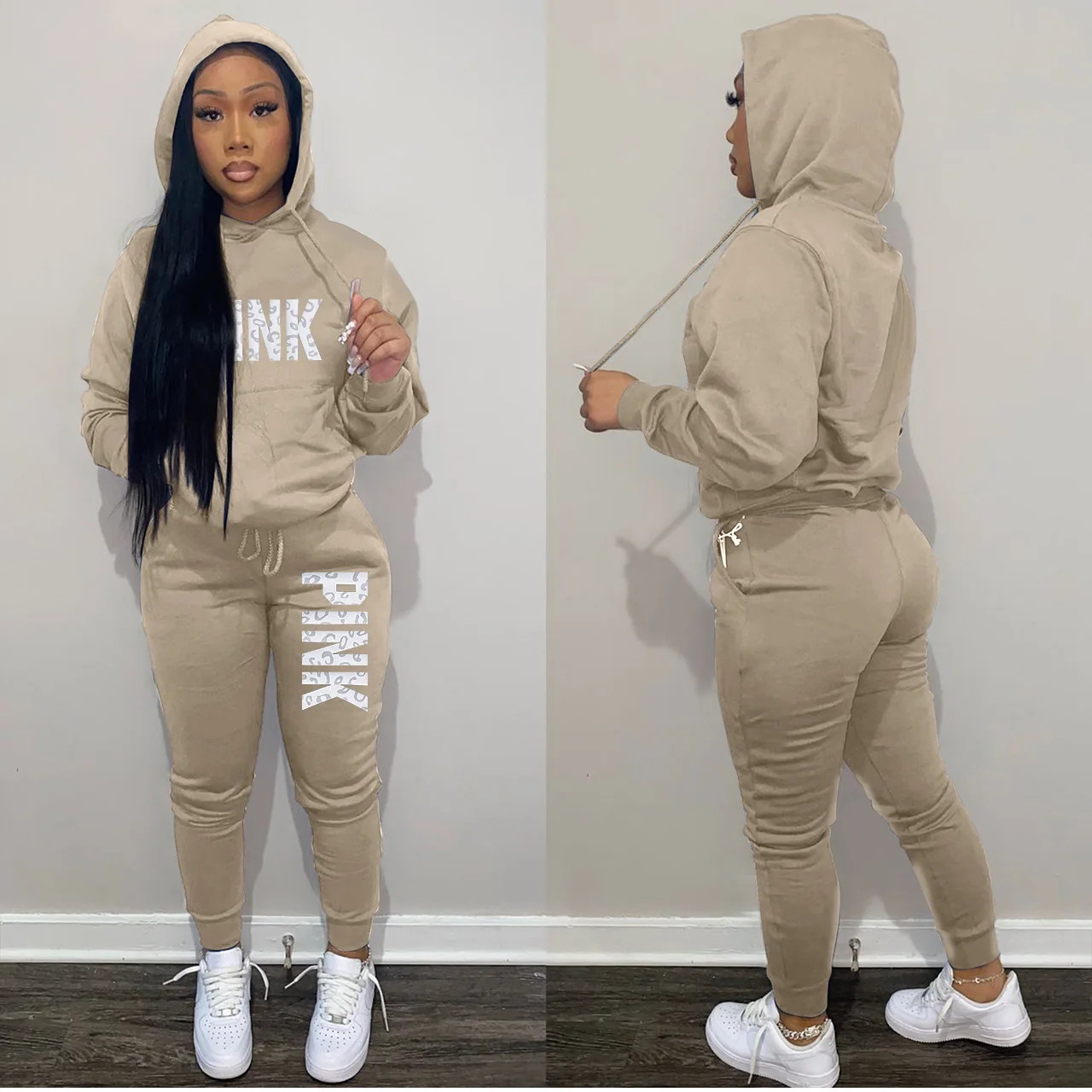 Autumn Winter Fashion Letter-Printed Pullover Hoodie And Drawstring Pants Two-Piece Set Women Casual Sports Jogging Suit