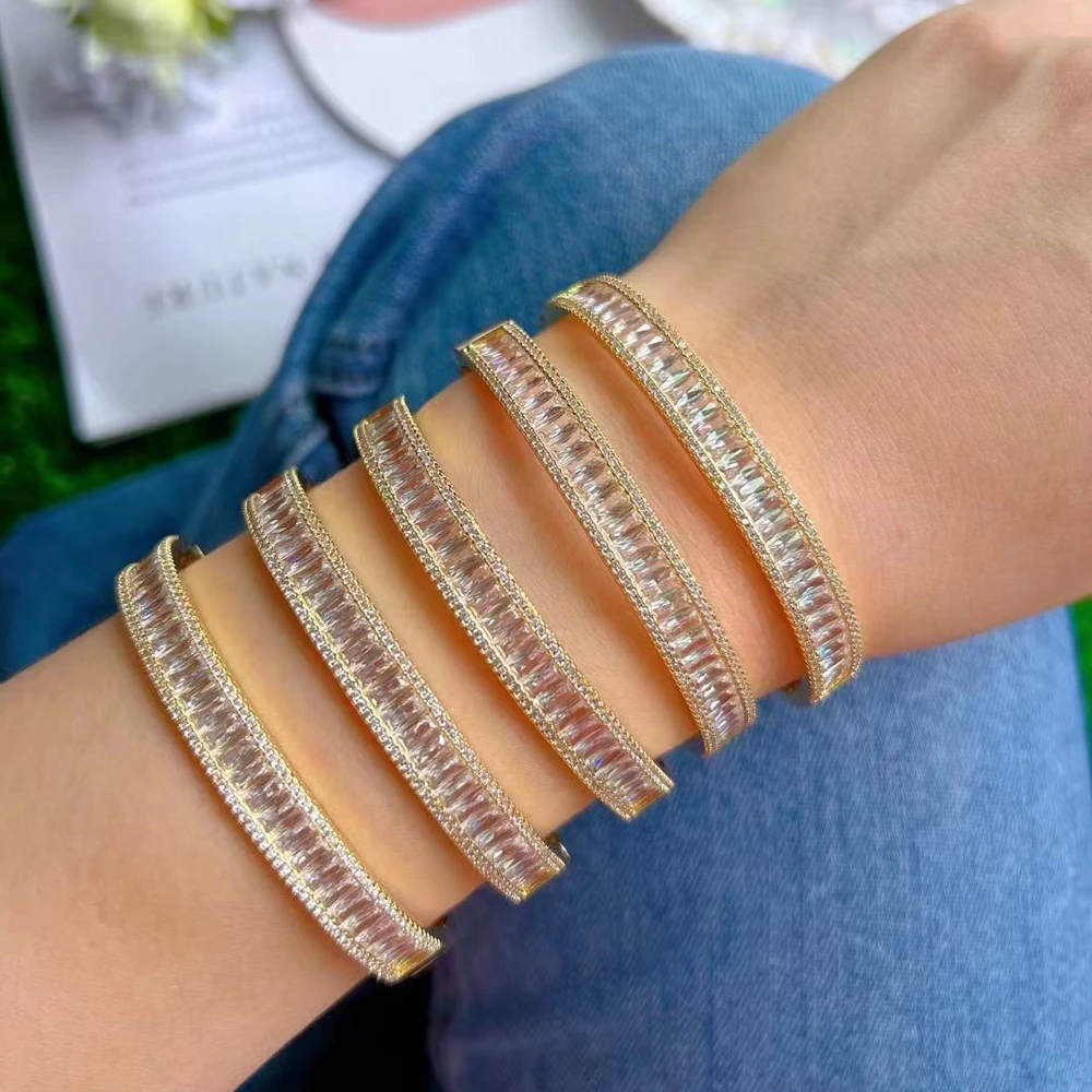 

3Pcs Fashion Ladies Classic Rectangle CZ Bangles For Women High Quality Gold Color Cubic Zirconia Punk Cuff Bracelets