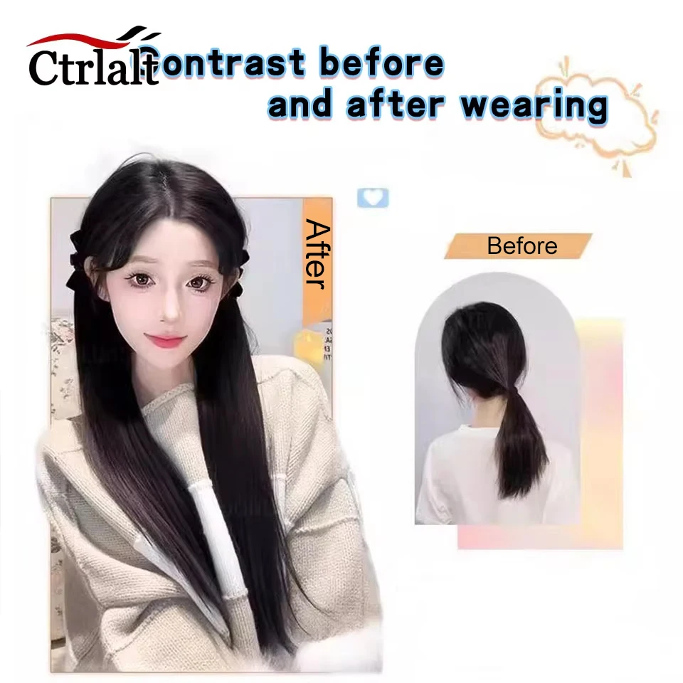 Synthetic 2pc Long Straight Ponytail with Bownot Claw Ponytail Hair Extension Black Brown Natural Fake For Women Daily