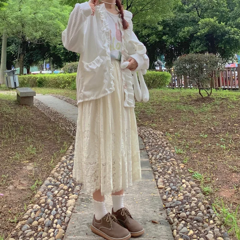 Y2k Kawaii Girl Sweet Coat Japanese Girl Autumn Ruffles Corduroy Lantern Sleeve Single Breasted Loose Cardigan Coats Harajuku