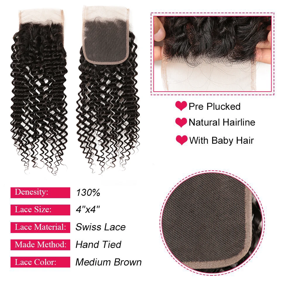 Upermall Kinky Curly 4x4 Lace Closure Pre Plucked Swiss HD Transparent 13x4 Frontal Free Part Natural Black 100% Remy Human Hair