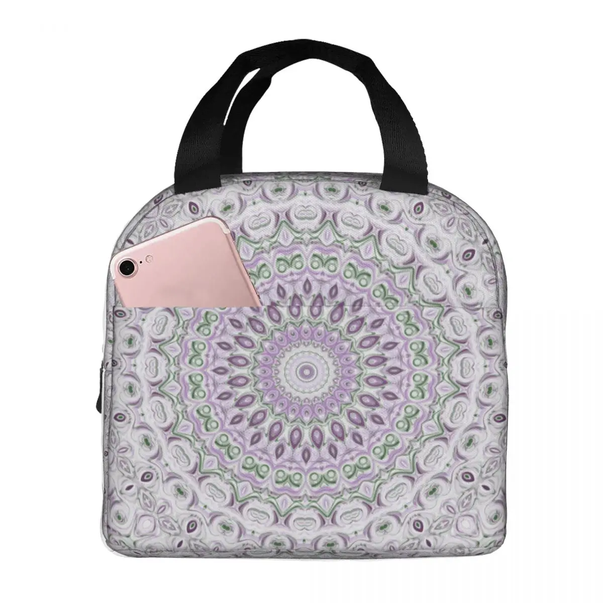 

Purple And Gray Medallion Lunch Bags Portable Insulated Oxford Cooler Mandala Thermal Picnic Work Lunch Box for Women Girl