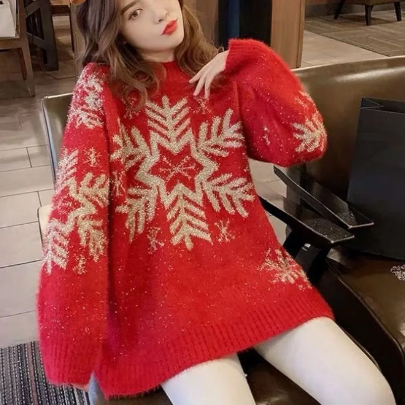 2024 Autumn Winter Red Christmas Snowflake Sweater Woman Loose Outside Wearing Snowflake Sweater Woman Korean Fashion Y2k