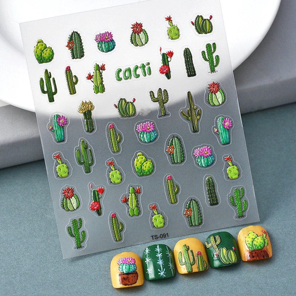 Green Colored Vivid Cactus Succulents Plants Series 3D Self Adhesive Nail Art Decoration Sticker DIY Manicure Decals Woman