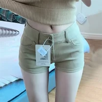 American Khaki Denim Shorts Women's Casual Versatile Slimming Elastic Light Color Wrap around A- Line Hot Pants High Waist