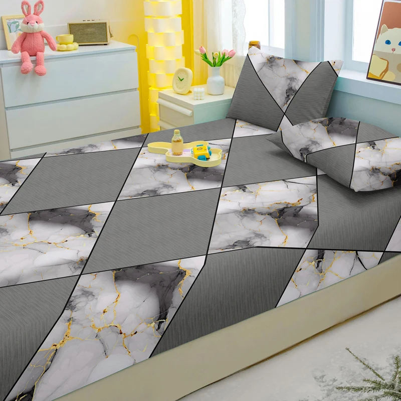 1 Simple Modern Geometry Printed Matte Fitted Sheet, Bedroom Printed Bed Cover, Bedding (Excluding Pillowcases) 4