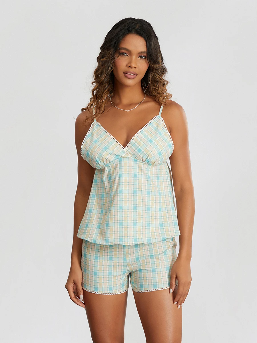 

New Fashion Womens Two Piece Pajamas Set Sleeveless Deep V Neck Cami Tops And Shorts Set Sleepwear Skin Friendly Hot Sale