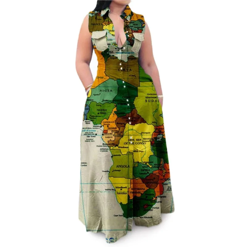 Printed Map Shirts Long Dress Sleeveless Lapel Big Size African Dresses For Women Casual Maxi Ankara Robes Slim Waist Summer 5XL