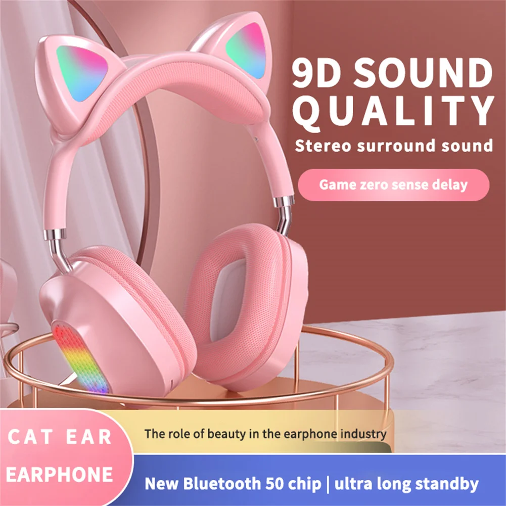 

Wireless Earphone Head-mounted Stereo Heavy Bass Bluetooth 5.0 Gaming Headset Cat Ear LED Luminous Wireless Foldable Headset