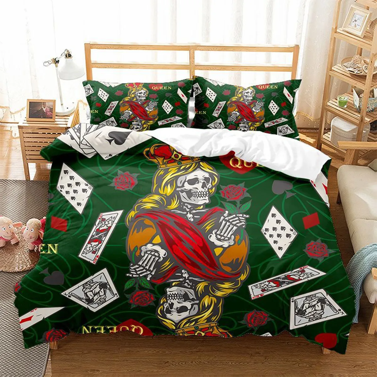 

Skull Poker Duvet Cover Skeletons Red Rose Card Game Playing Gambling Polyester Quilt Cover Table Game Theme Bedroom Decoration