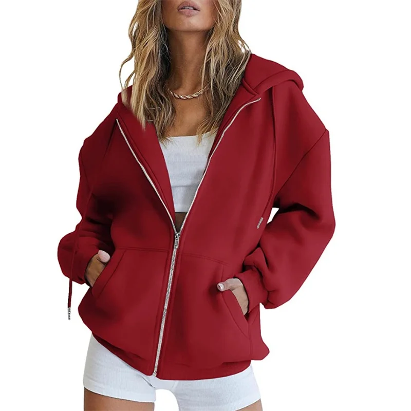 New Women's Zipper Hoodie Korean Version Loose Fit Large Sports Hoodie Casual Solid Long Sleeve Hooded Sweatshirt Zipper Coat