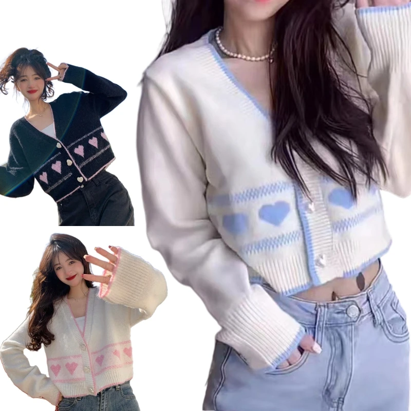 

Love Heart Knit Sweater Coat Korean Women Button Down Long Sleeve Cardigan P8DB