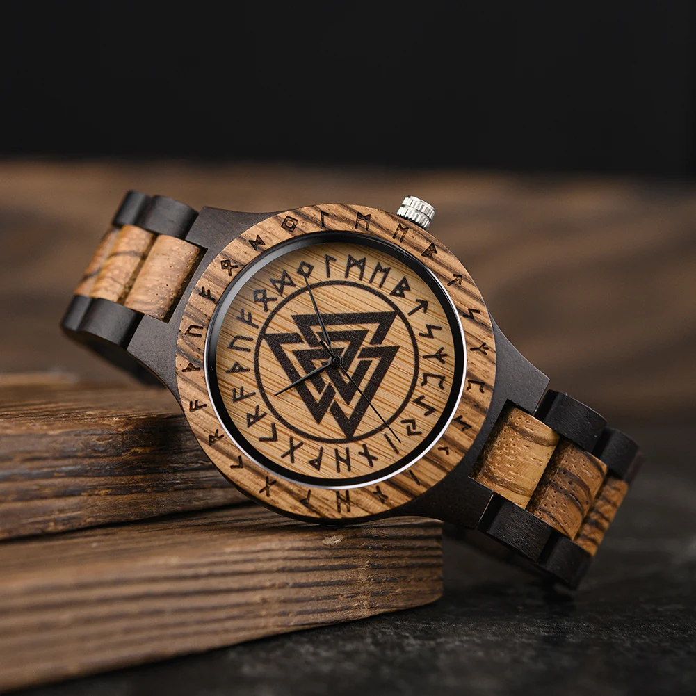 BOBO BIRD Vintage Wooden Watch Viking Warriors Symbol Men Watches Runic Circle With Helm of Awe Vegvisir Watch For Men Gifts