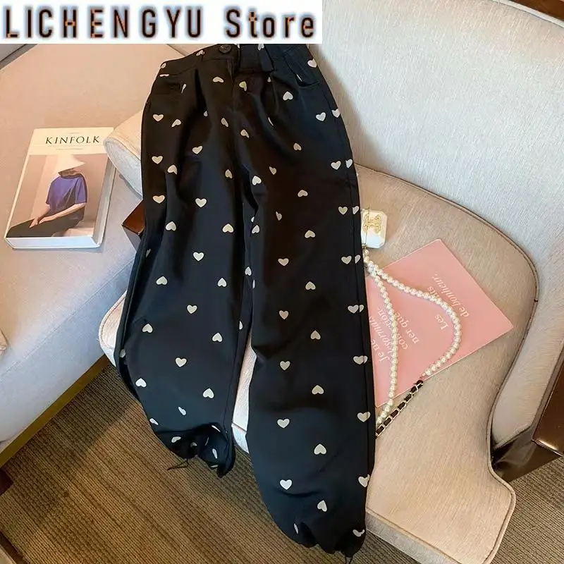 New Black Love Casual Wide-Leg Pants for Women Summer Small High Waist Slimming Drape Cool Ankle Banded Pants