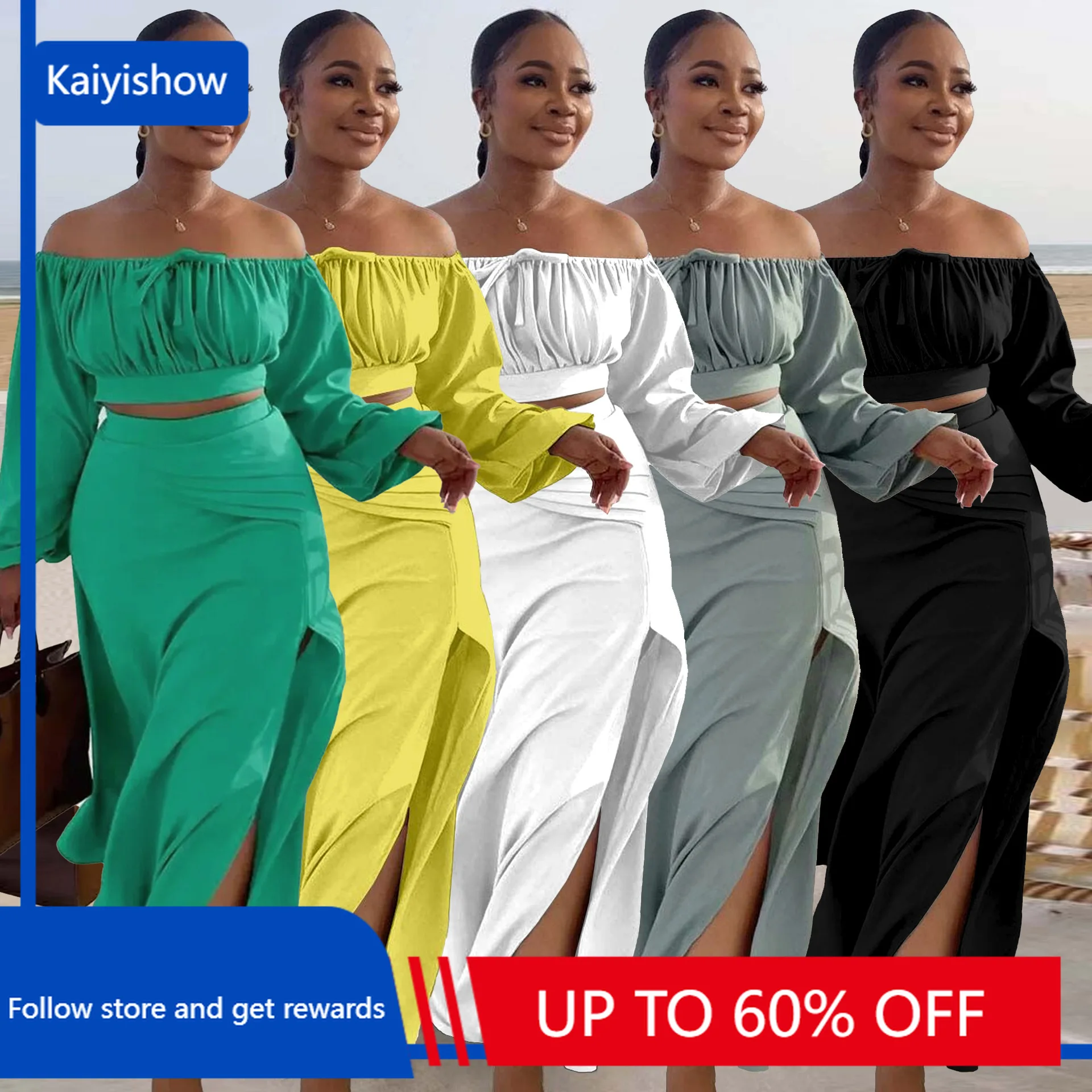 

Женский комплект из двух предметов с топом и юбкой до локтя, новинка 2023, для отдыха, однотонный, с разрезом, с открытыми плечами и длинным рукавом