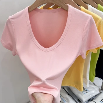 Zjaiss 2026 Summer Basic Tee Ribbed Short Sleeve Women T-shirts Casual V-Neck Solid Slim Fit Tops Trendy Y2K T-shirt Clothes 1