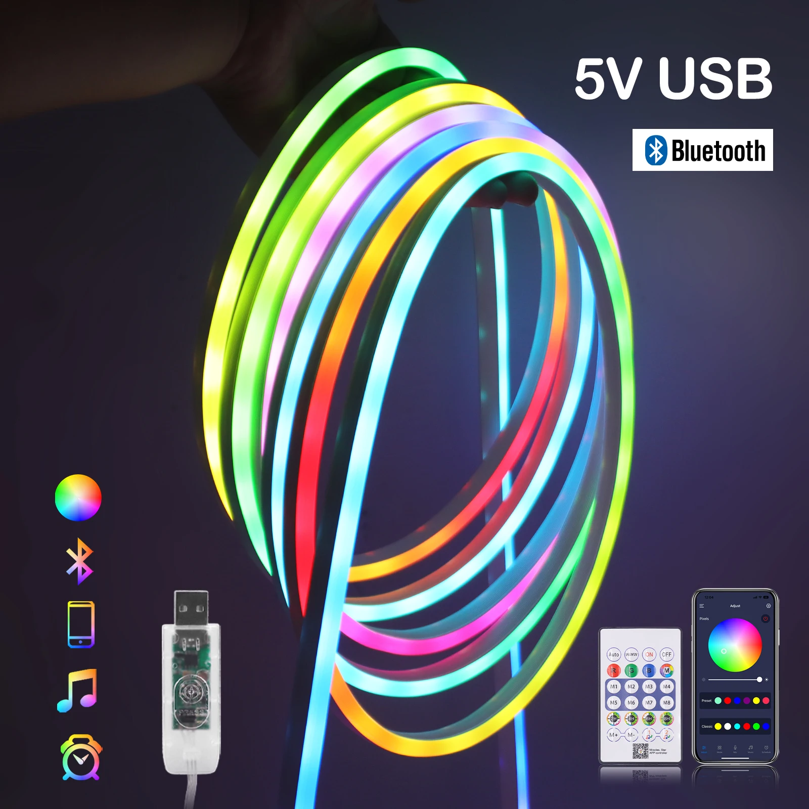 RGB USB WS2812B Flexible LED Neon Light Strips – Waterproof Bluetooth Music Sync, 7x13mm