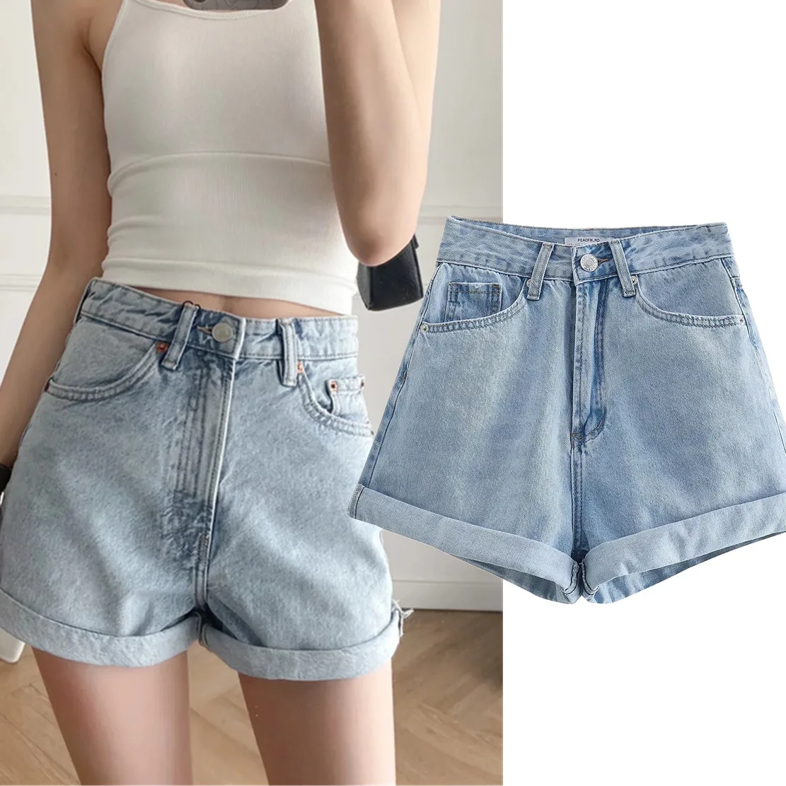 

Maxdutti Summer England Style High Street Washed Sky Blue Casual Denim Bermuda Harem Mom Shorts Women