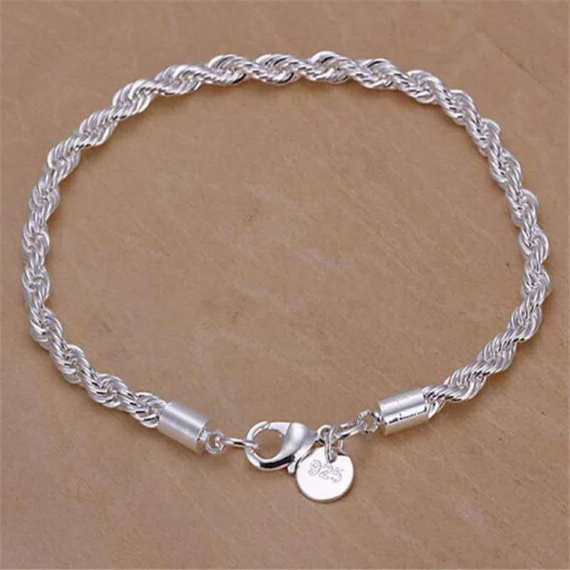 925 Silver 4MM Women Men Chain Male Twisted Rope Necklace Bracelets Fashion Silver Jewelry Set silver jewelry set jewelry set silver jewelry
