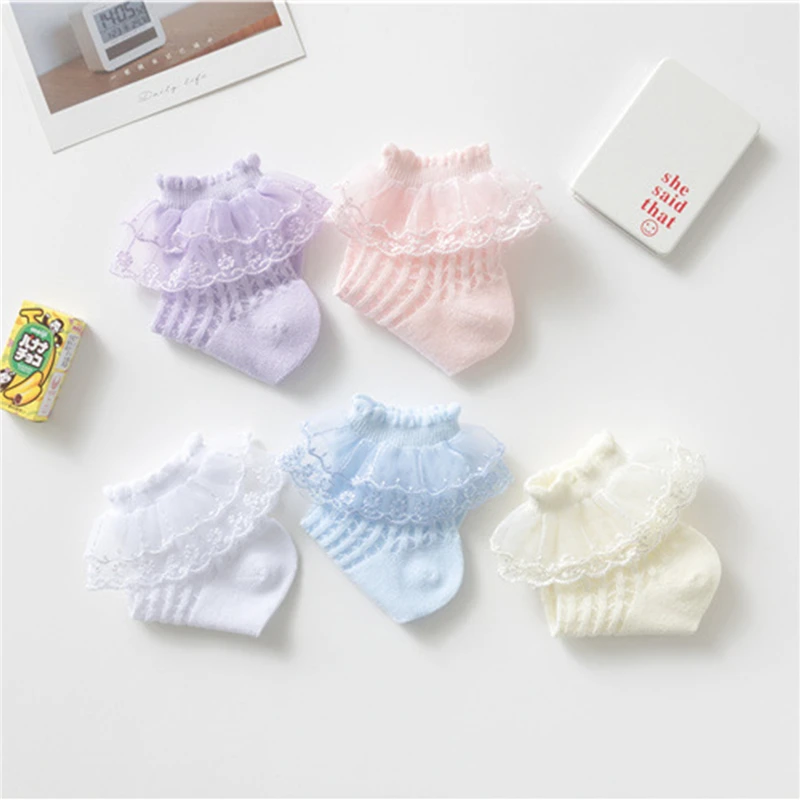 Fashion Newborn Toddlers Girls Lace Ruffled Socks Frilly Cotton Ankle Socks with Lacework Decoration 1-10Y