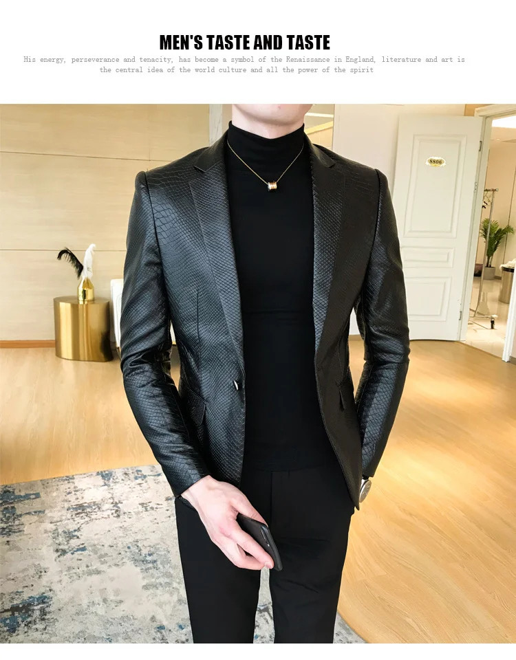 Button One PU Blazer Men Slim Fit Blazer Masculino Black Mens Blazer Para Hombre Vintage Prom Blazers For Men black blazer for men