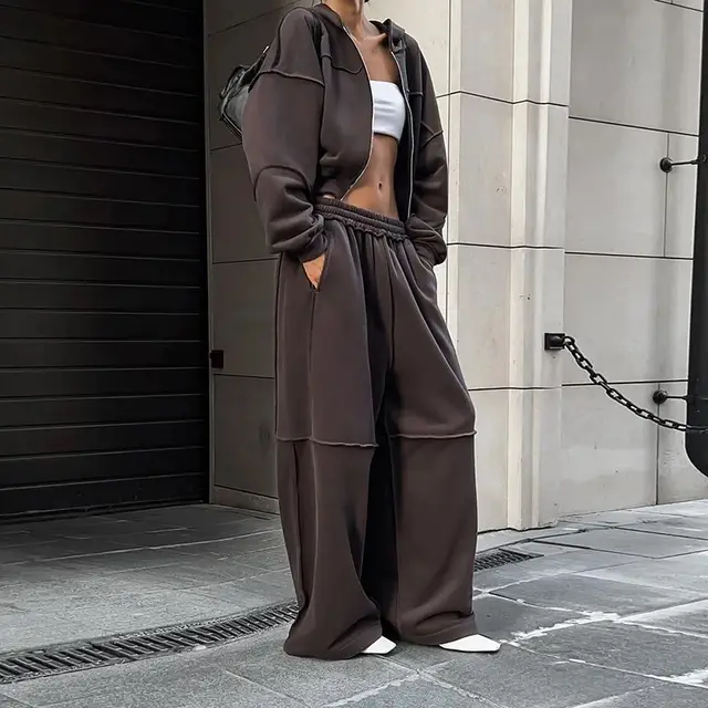 Survêtement Vintage Y2K High Street pour femmes, ample, manches longues, vestes à capuche avec taille élastique, pantalon de survêtement droit, 2 pièces 1