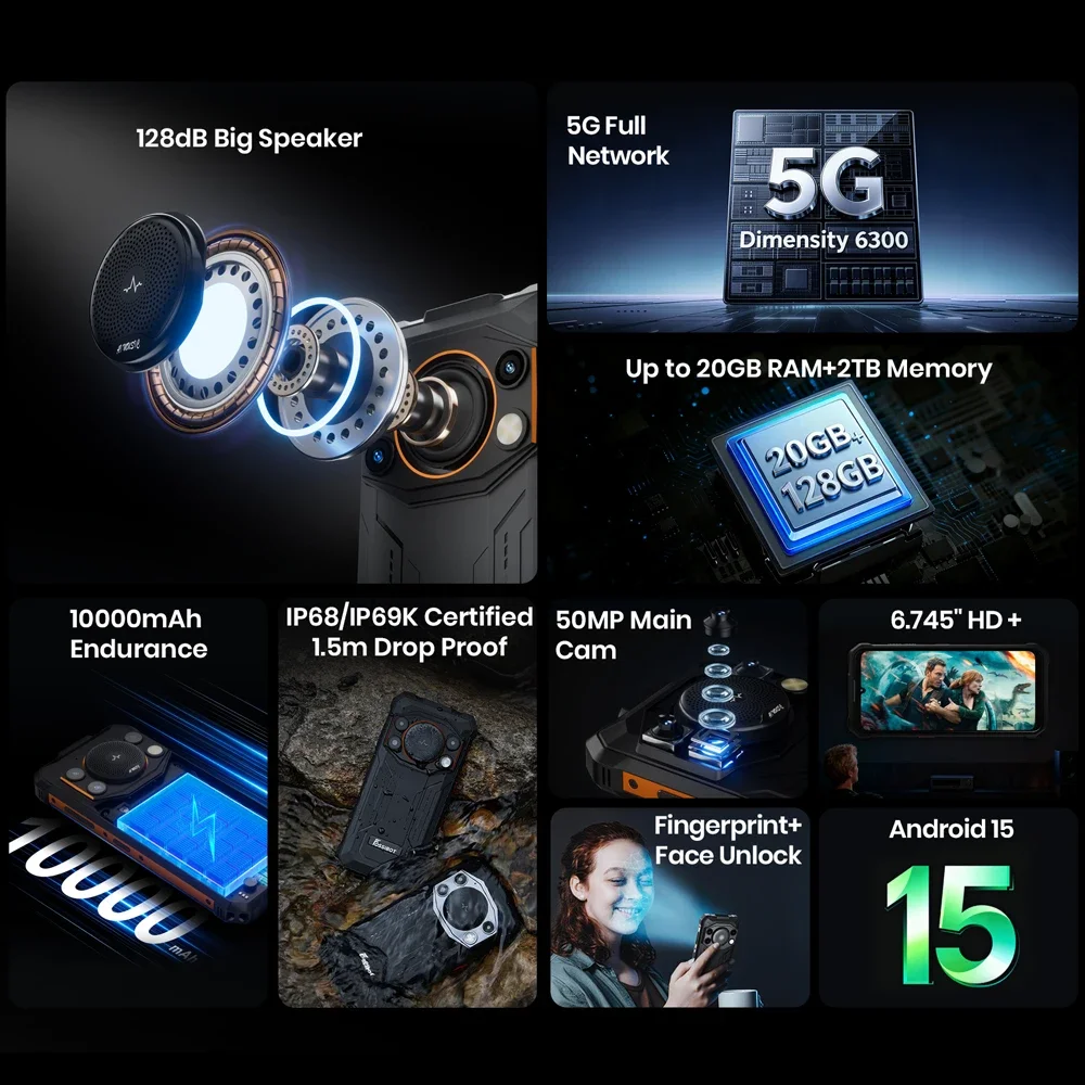 Fossibot F110 Pro 5G Rugged Smartphone Android 15 6.745" HD+ IPS Display 20GB(8+12) 128GB Mobile Phone 10000mAh 50MP+8MP NFC