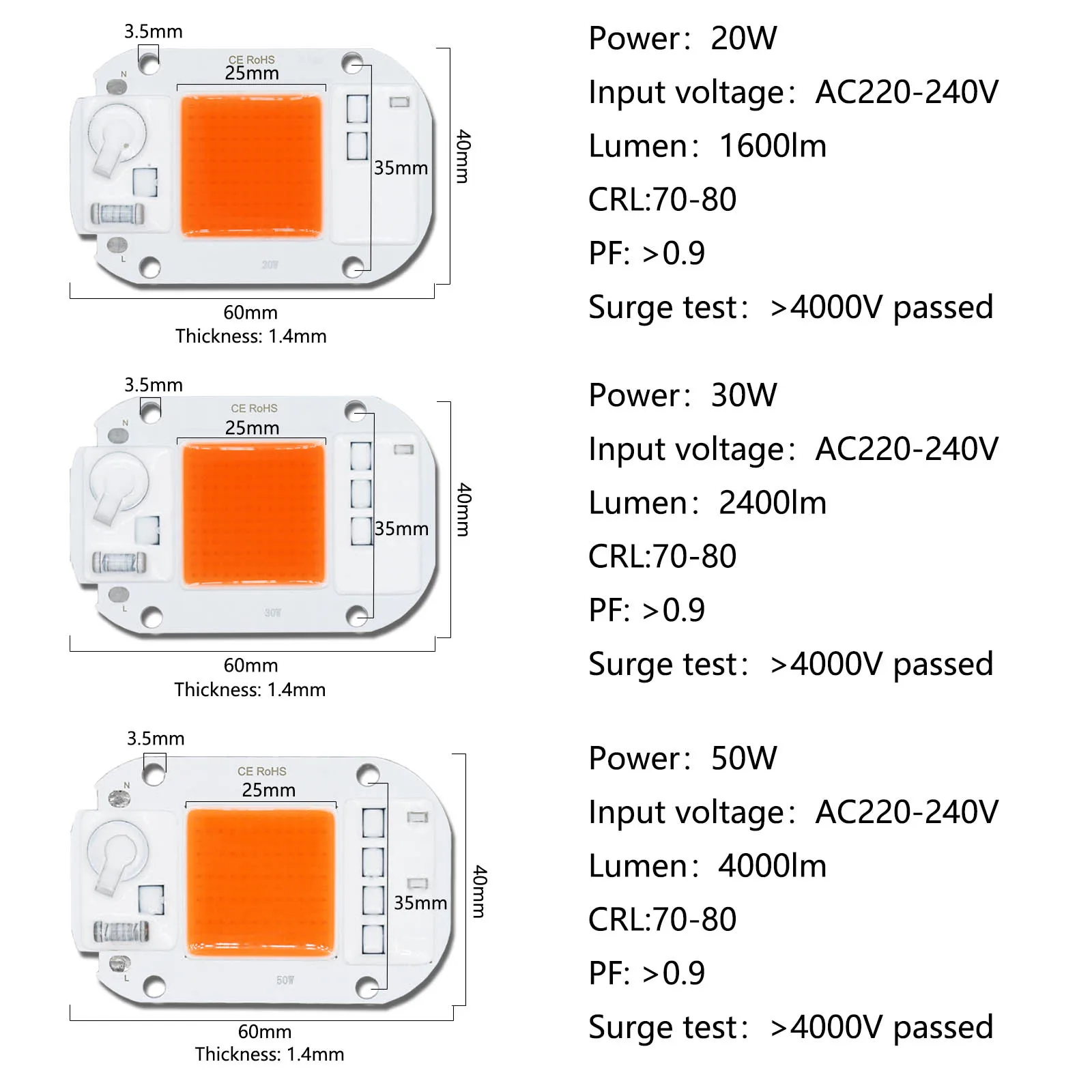 3pcs LED COB Grow Plant Light 20W 30W 50W White Full Spectrum Grow Lighting AC220V-240V 5000lm For Plants Flowers