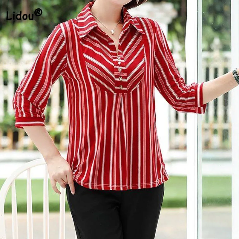 Women's Clothing Fashion Striped Printed Polo-Neck Blouse 2023 Summer New Commute 3/4 Sleeve Casual Pullovers Shirt for Female
